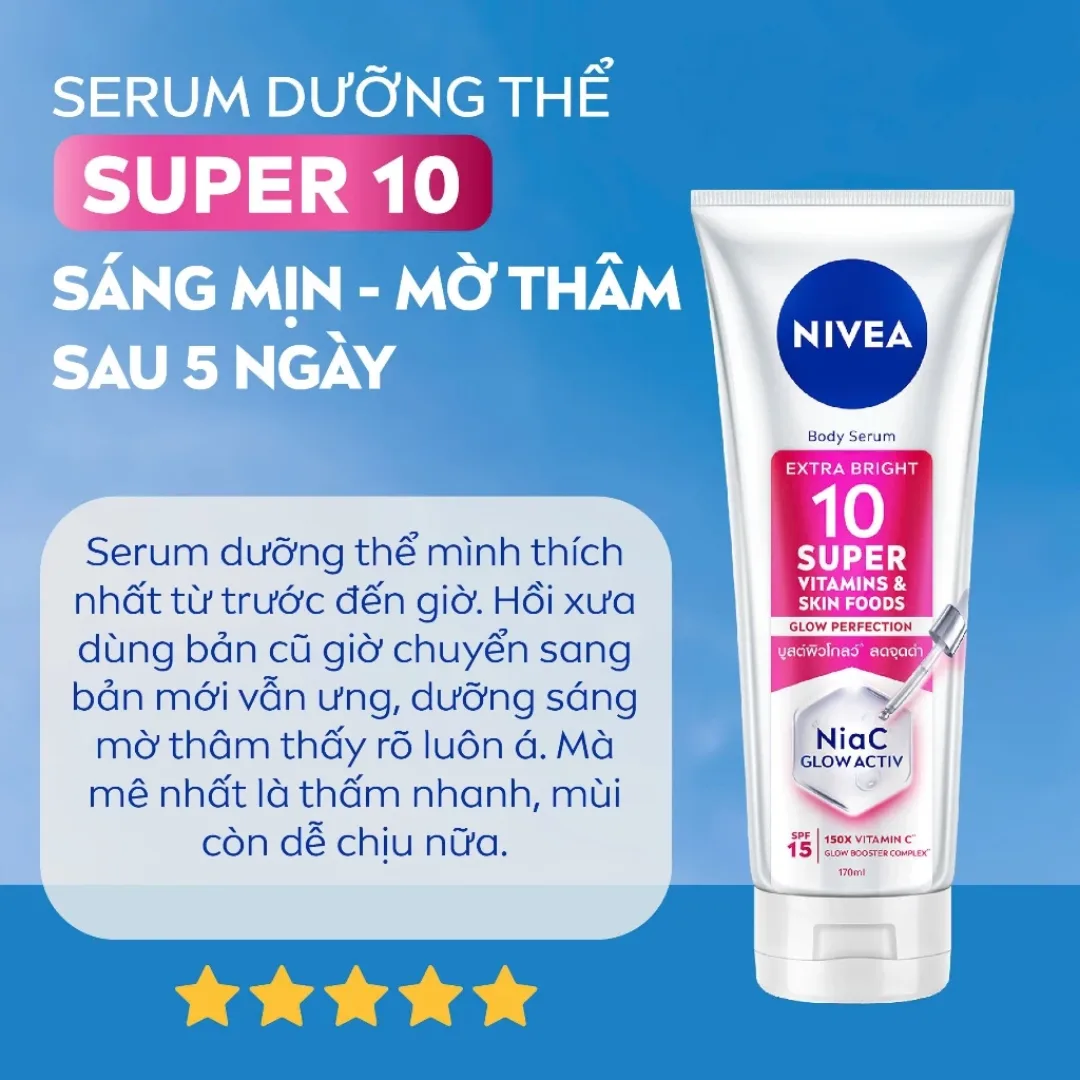 Serum Dưỡng Thể Nivea 10 Super Vitamins & Skin Foods Dưỡng Sáng Da Hỗ Trợ Mờ Thâm SPF15 Cho Mọi Loại Da 170ml 300ml 6