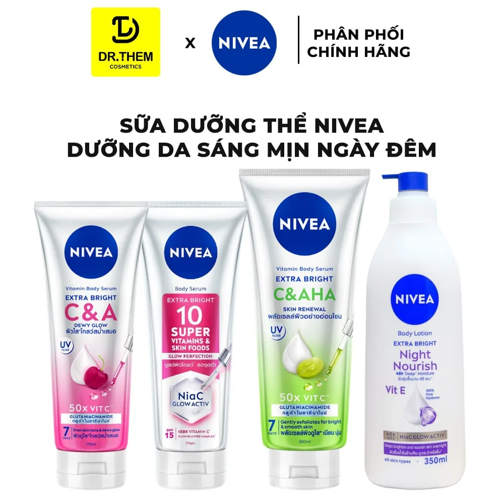 Sữa Dưỡng Thể Nivea Extra Bright Body Serum Dưỡng Sáng Đều Màu Hỗ Trợ Mờ Thâm Nám Cho Da Cơ Thể 170ml/300ml/350ml