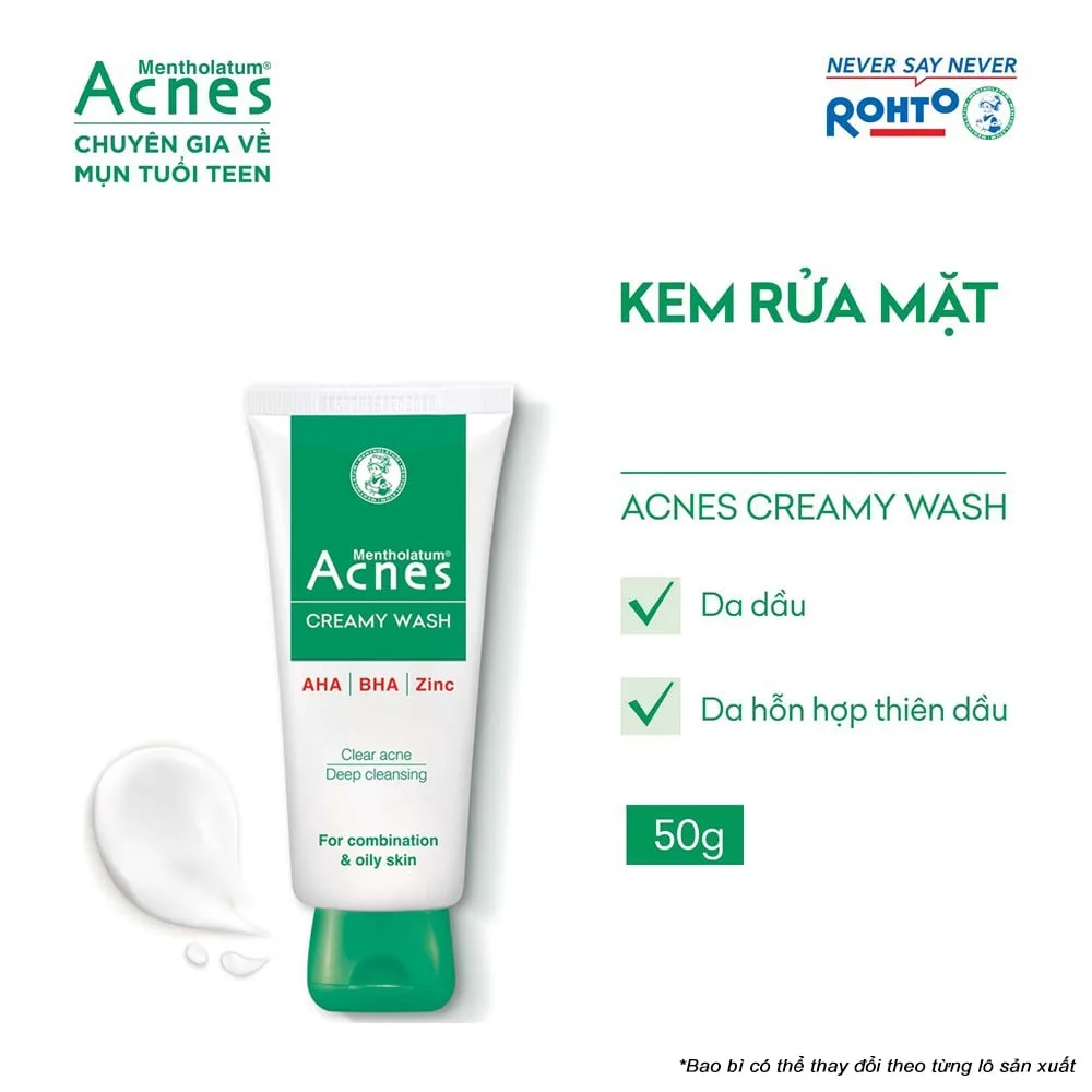 Sữa Rửa Mặt Acnes Creamy Wash AHA BHA Làm Sạch Sâu Lỗ Chân Lông Ngăn Ngừa Mụn Cho Da Dầu Mụn 50g/100g 2