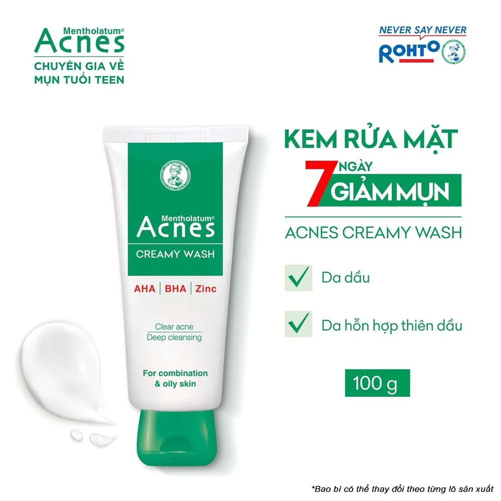 Sữa Rửa Mặt Acnes Creamy Wash AHA BHA Làm Sạch Sâu Lỗ Chân Lông Ngăn Ngừa Mụn Cho Da Dầu Mụn 50g/100g 3