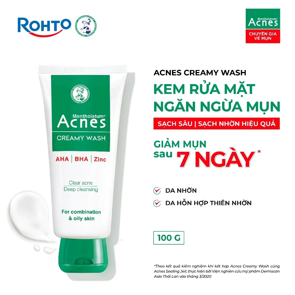 Sữa Rửa Mặt Acnes Creamy Wash AHA BHA Làm Sạch Sâu Lỗ Chân Lông Ngăn Ngừa Mụn Cho Da Dầu Mụn 50g/100g 4
