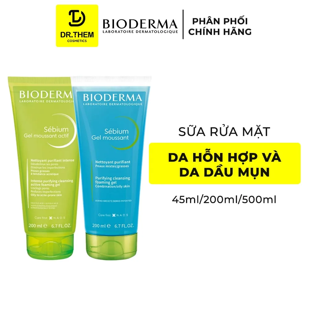 Sữa Rửa Mặt Bioderma Sebium Gel Moussant Tạo Bọt Làm Sạch Kiềm Dầu Cho Da Hỗn Hợp Da Dầu Mụn 45ml 200ml 500ml