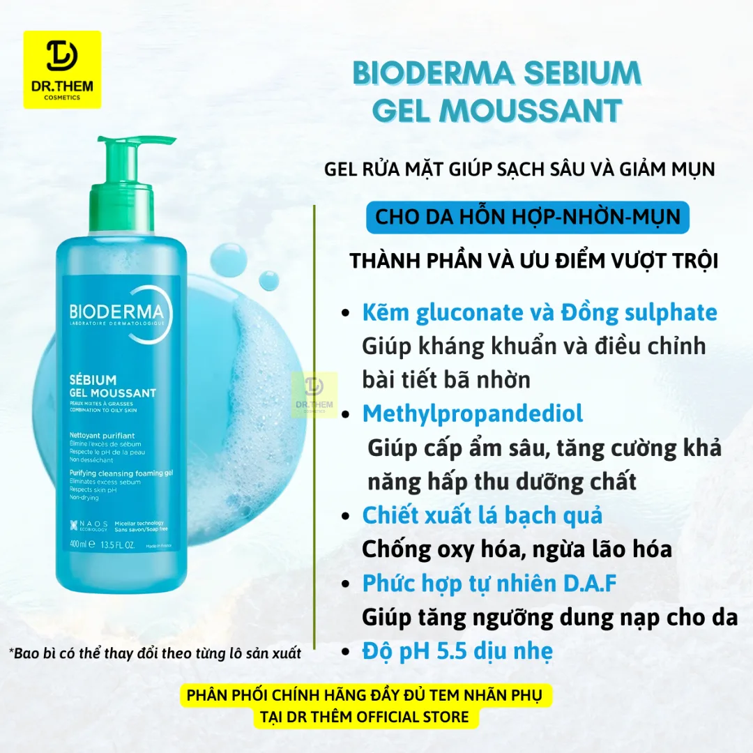 Sữa Rửa Mặt Bioderma Sebium Gel Moussant Tạo Bọt Làm Sạch Kiềm Dầu Cho Da Hỗn Hợp Da Dầu Mụn 45ml 200ml 500ml 4