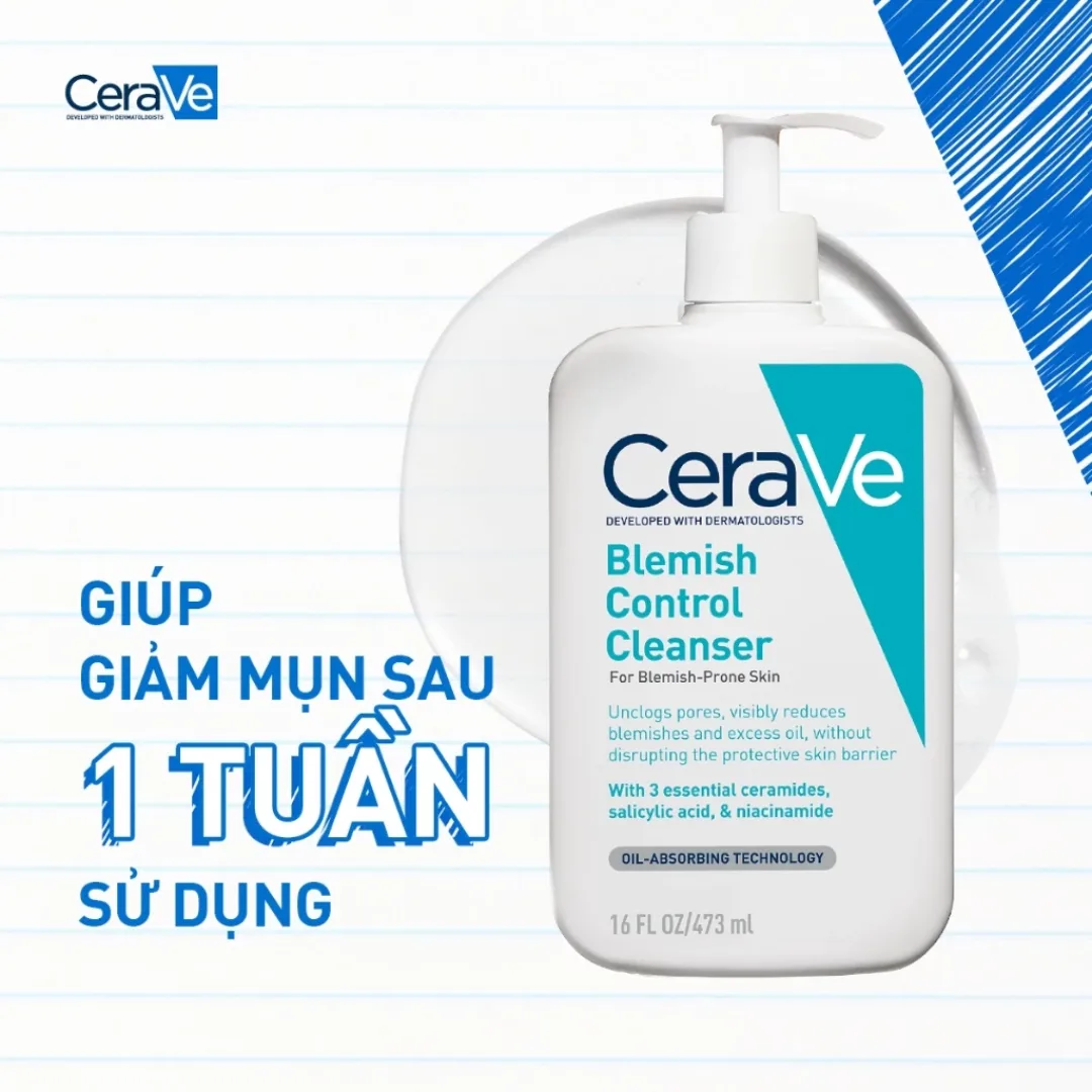 Sữa Rửa Mặt CeraVe Blemish Control Cleanser 2% Salicylic Acid Làm Sạch Sâu Hỗ Trợ Giảm Mụn Cho Da Dầu Mụn 88ml/236ml/473ml 6