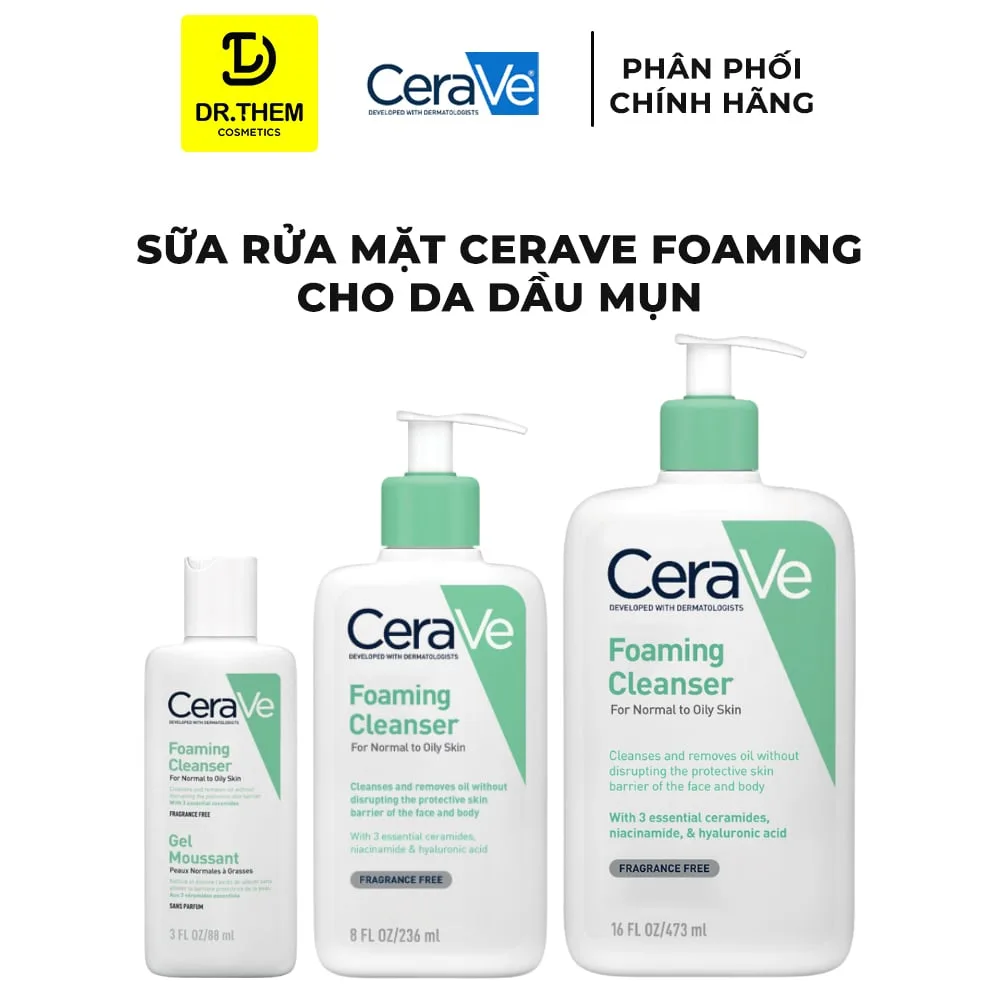 Sữa Rửa Mặt CeraVe Foaming Facial Cleanser Tạo Bọt Làm Sạch Sâu Kiềm Dầu Cho Da Thường Đến Da Dầu 88ml/236ml/473ml