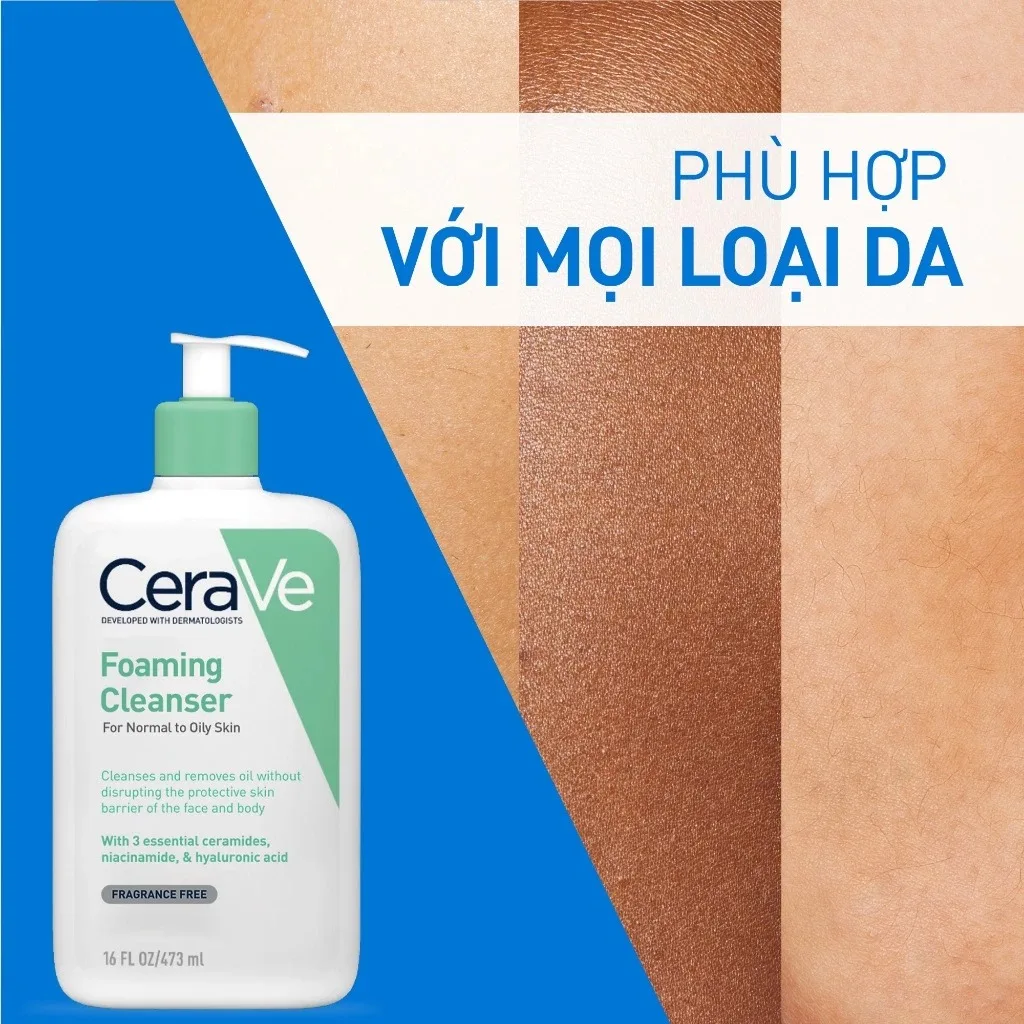 Sữa Rửa Mặt CeraVe Foaming Facial Cleanser Tạo Bọt Làm Sạch Sâu Kiềm Dầu Cho Da Thường Đến Da Dầu 88ml/236ml/473ml 6