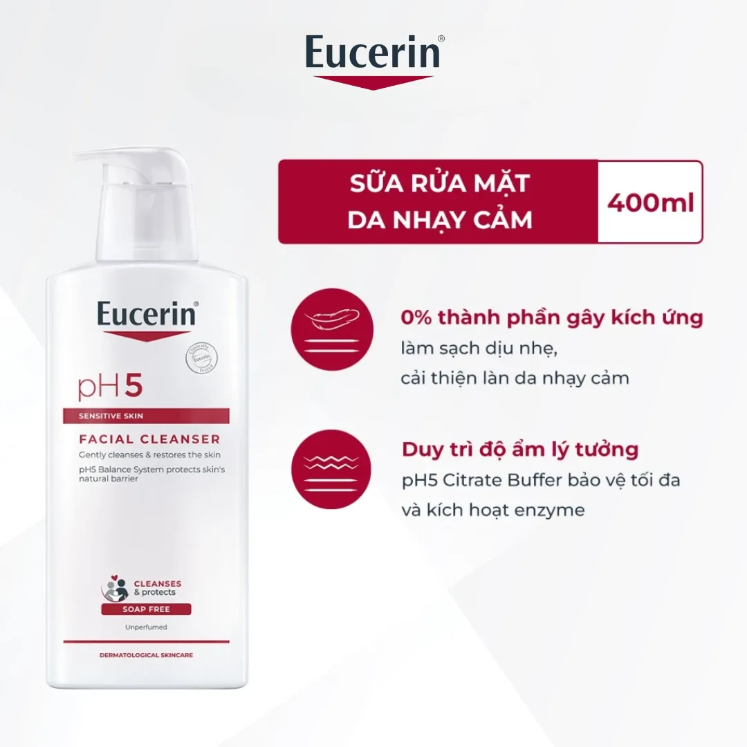 Sữa Rửa Mặt Eucerin pH5 Facial Cleanser Sensitive Skin Làm Sạch Dịu Nhẹ Cân Bằng Độ pH Cho Da Nhạy Cảm 100ml 400ml 3