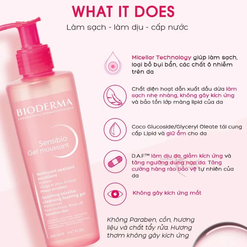 Sữa Rửa Mặt Tạo Bọt Bioderma Sensibio Gel Moussant Làm Sạch Dịu Nhẹ Cho Da Nhạy Cảm Và Da Thường 45ml 200ml 4