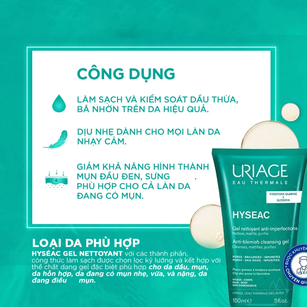 Gel Rửa Mặt Uriage Hyséac Gel Nettoyant Làm Sạch Dịu Nhẹ Không Xà Phòng Cho Da Dầu Mụn Hỗn Hợp 150ml 5