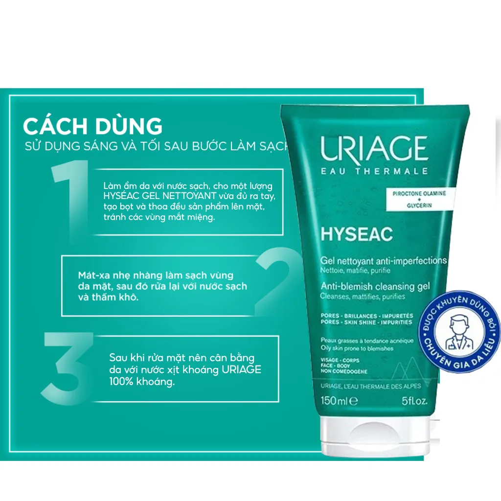 Gel Rửa Mặt Uriage Hyséac Gel Nettoyant Làm Sạch Dịu Nhẹ Không Xà Phòng Cho Da Dầu Mụn Hỗn Hợp 150ml 6