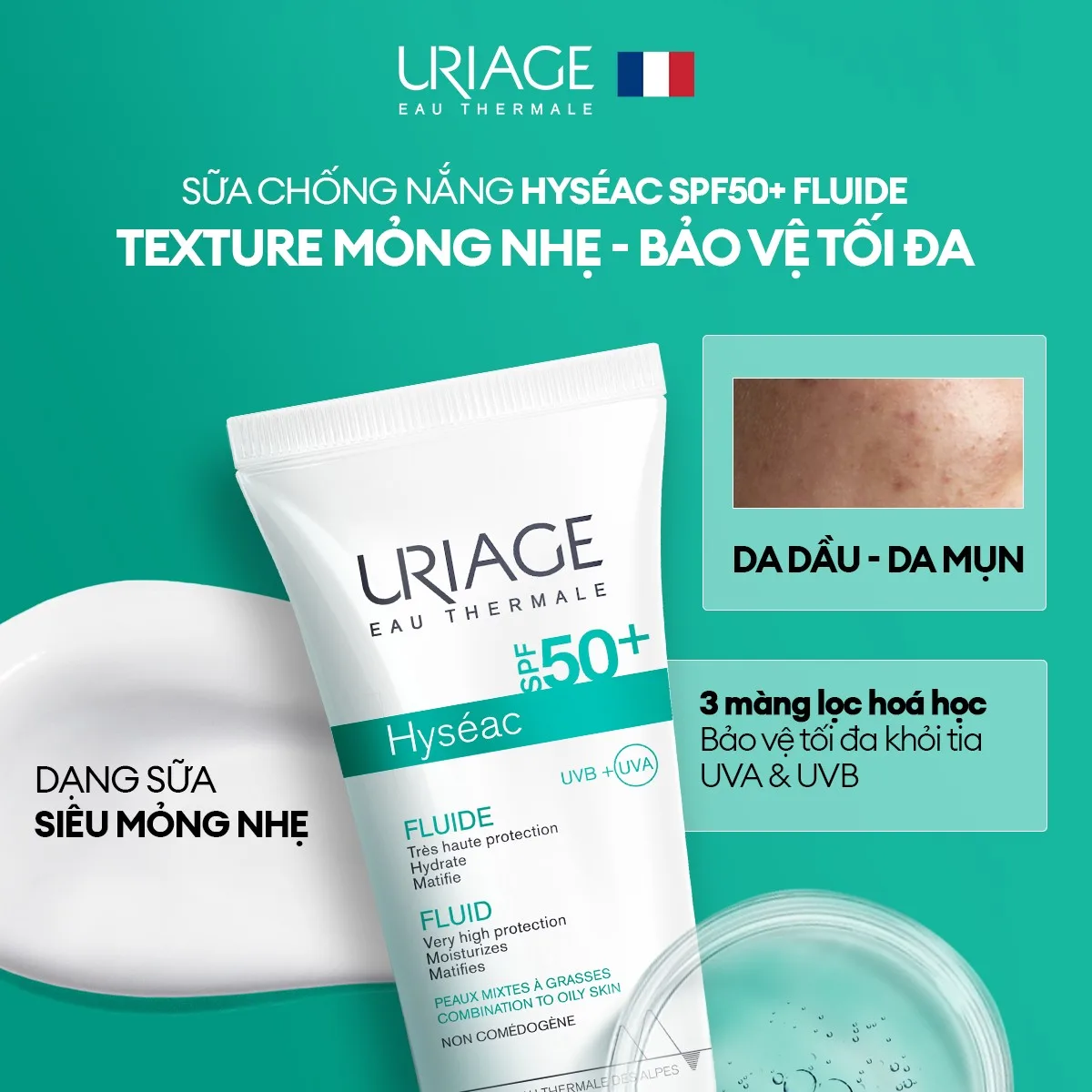 Sữa Chống Nắng Uriage Hyséac Fluide SPF50+ Kiềm Dầu Bảo Vệ Da Cho Da Dầu Mụn Hỗn Hợp 50ml 4