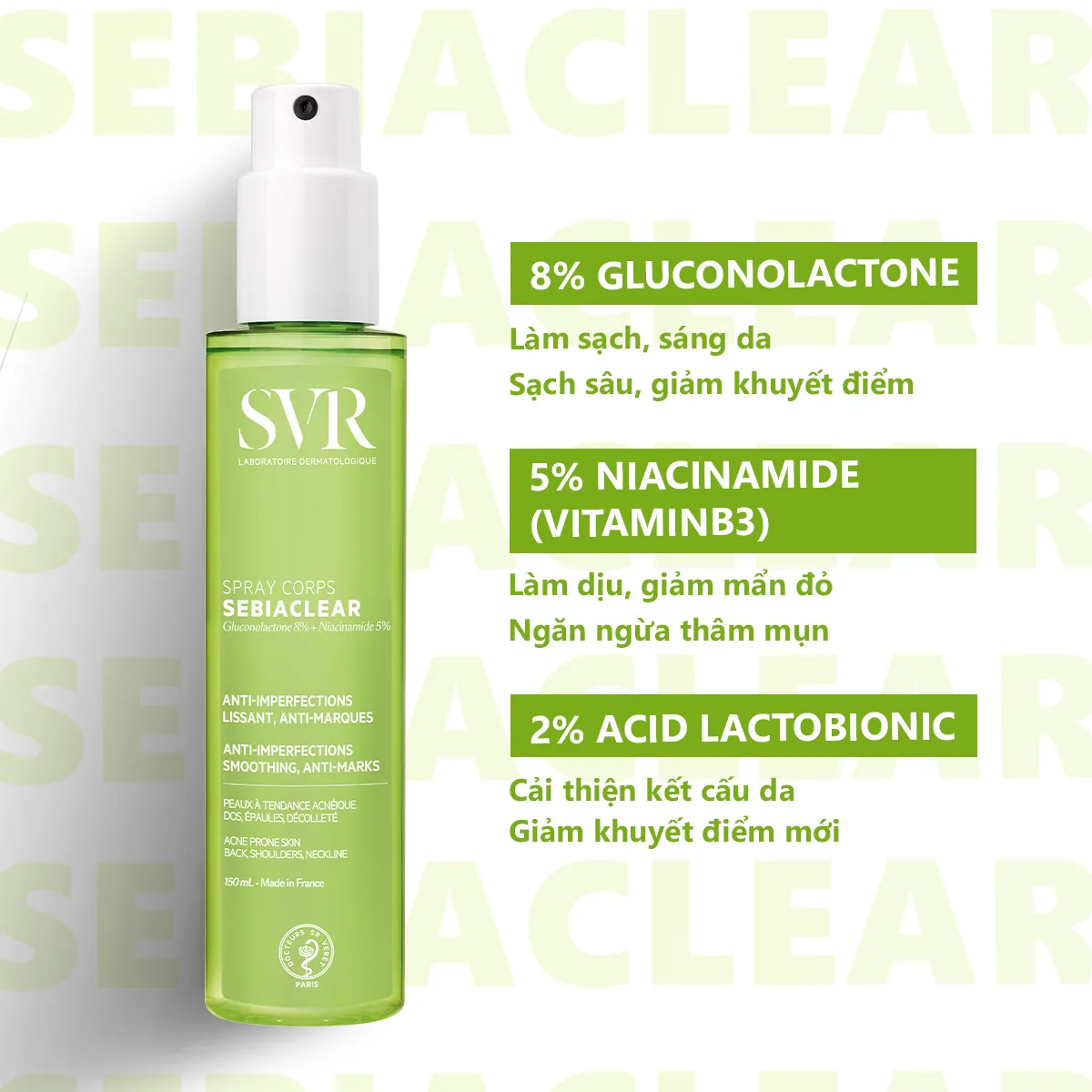 Xịt Hỗ Trợ Giảm Mụn Lưng Và Cơ Thể SVR Sebiaclear Spray Corps Hỗ Trợ Mờ Thâm Kiềm Dầu 150ml 2