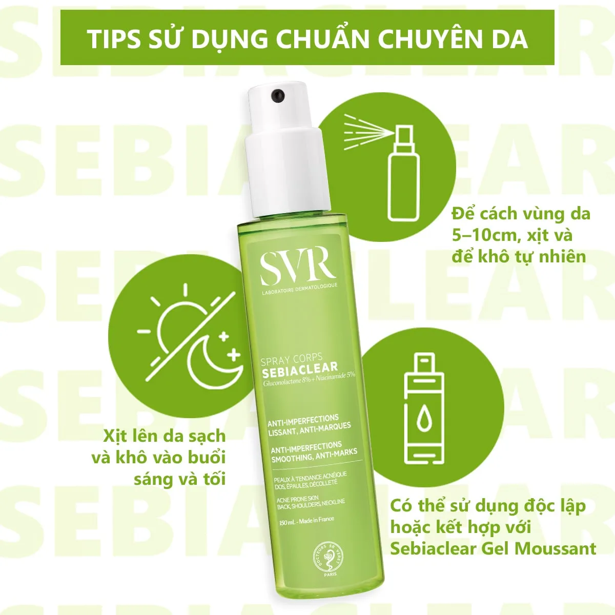 Xịt Hỗ Trợ Giảm Mụn Lưng Và Cơ Thể SVR Sebiaclear Spray Corps Hỗ Trợ Mờ Thâm Kiềm Dầu 150ml 5