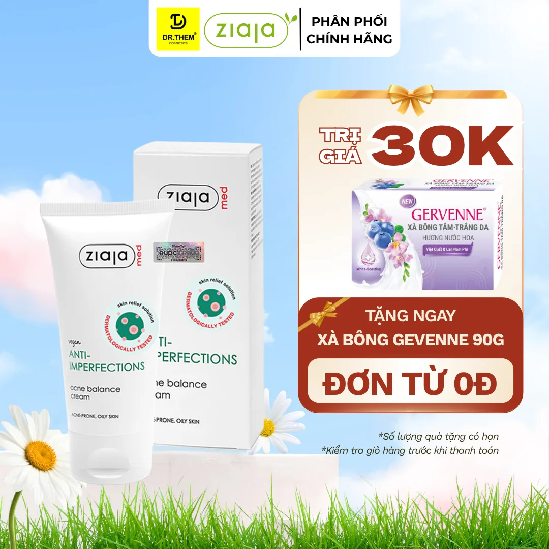 Kem Dưỡng Ziaja Med Anti-Imperfections Acne Balance Cream Hỗ Trợ Giảm Mụn Kiềm Dầu Cấp Ẩm Cho Da Mụn 50ml