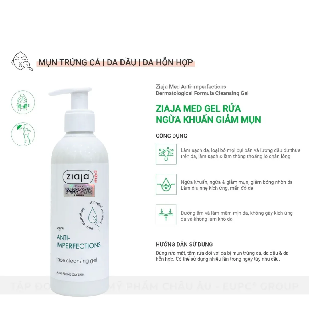 Sữa Rửa Mặt Ziaja Med Anti-Imperfections Cleansing Gel Hỗ Trợ Giảm Mụn Ngừa Khuẩn Kiềm Dầu Cho Da Dầu Mụn 200ml 5