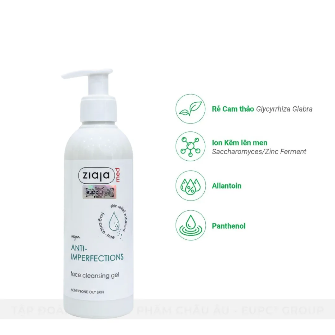Sữa Rửa Mặt Ziaja Med Anti-Imperfections Cleansing Gel Hỗ Trợ Giảm Mụn Ngừa Khuẩn Kiềm Dầu Cho Da Dầu Mụn 200ml 6