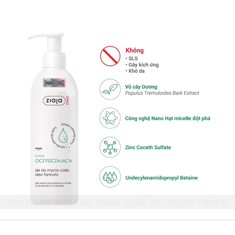 Gel Tắm Ziaja Med Kuracja Oczyszczajaca Deo Formula Làm Sạch Ngừa Khuẩn Hỗ Trợ Giảm Mụn Lưng Cho Da Dầu 400ml 4