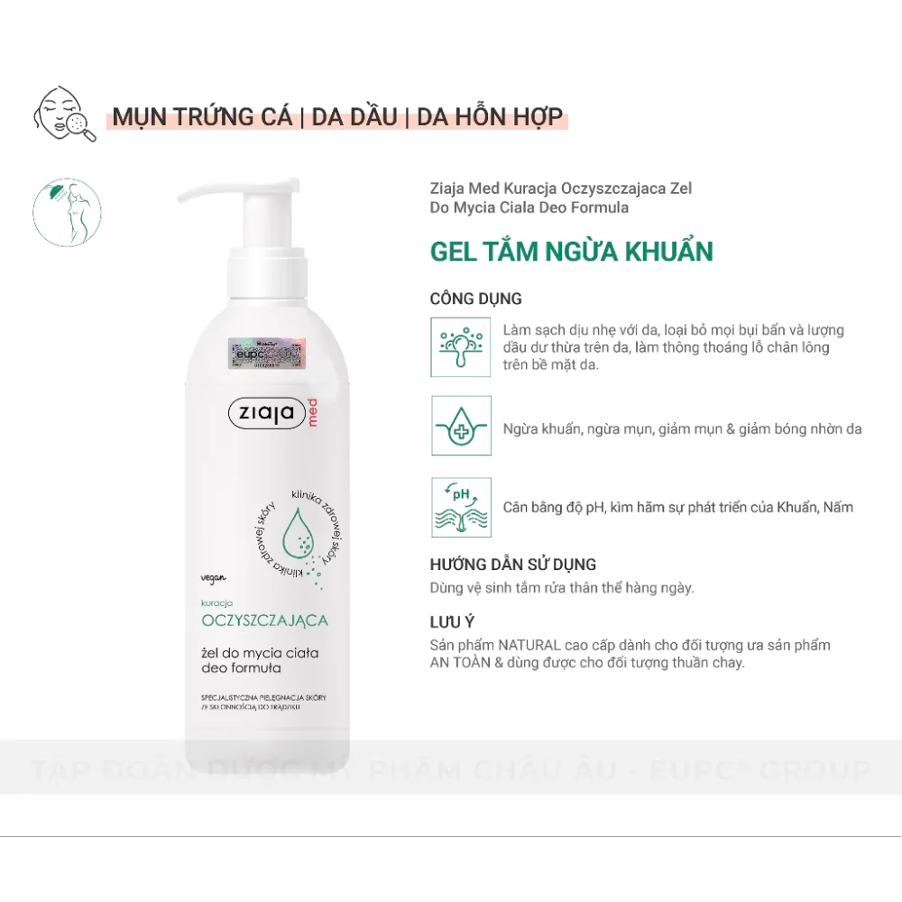 Gel Tắm Ziaja Med Kuracja Oczyszczajaca Deo Formula Làm Sạch Ngừa Khuẩn Hỗ Trợ Giảm Mụn Lưng Cho Da Dầu 400ml 5
