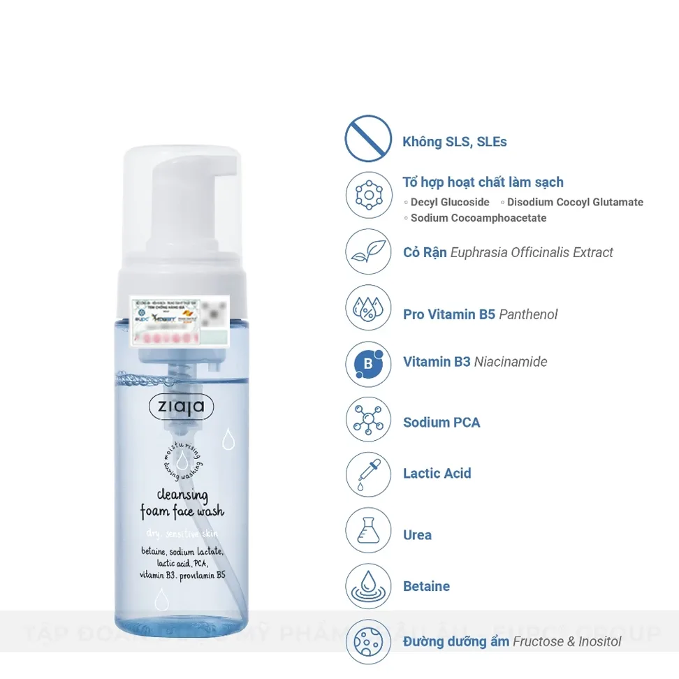 Sữa Rửa Mặt Tạo Bọt Ziaja Cleansing Foam Face Wash Dry Sensitive Skin Dịu Nhẹ Dưỡng Ẩm Làm Mềm Da 150ml 5