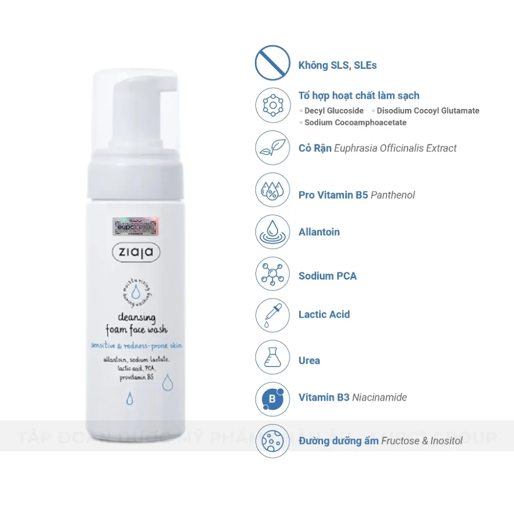 Sữa Rửa Mặt Tạo Bọt Ziaja Cleansing Foam Face Wash Sensitive Redness Prone Skin Dịu Nhẹ Giảm Mẩn Đỏ 150ml 6