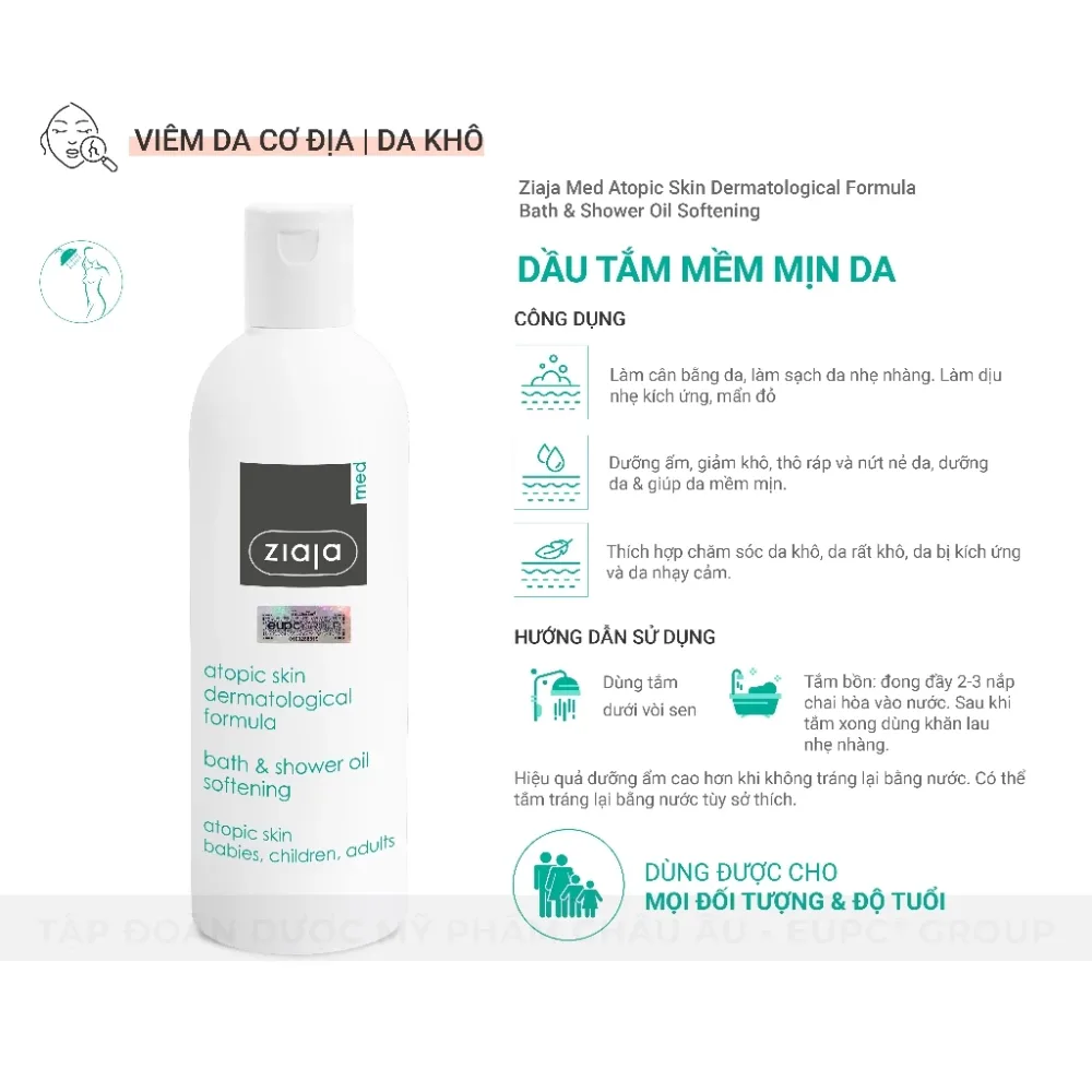 Dầu Tắm Ziaja Med Atopic Skin Bath Shower Oil Softening Dưỡng Ẩm Làm Mềm Mịn Da Cho Da Khô Nhạy Cảm 270ml 4