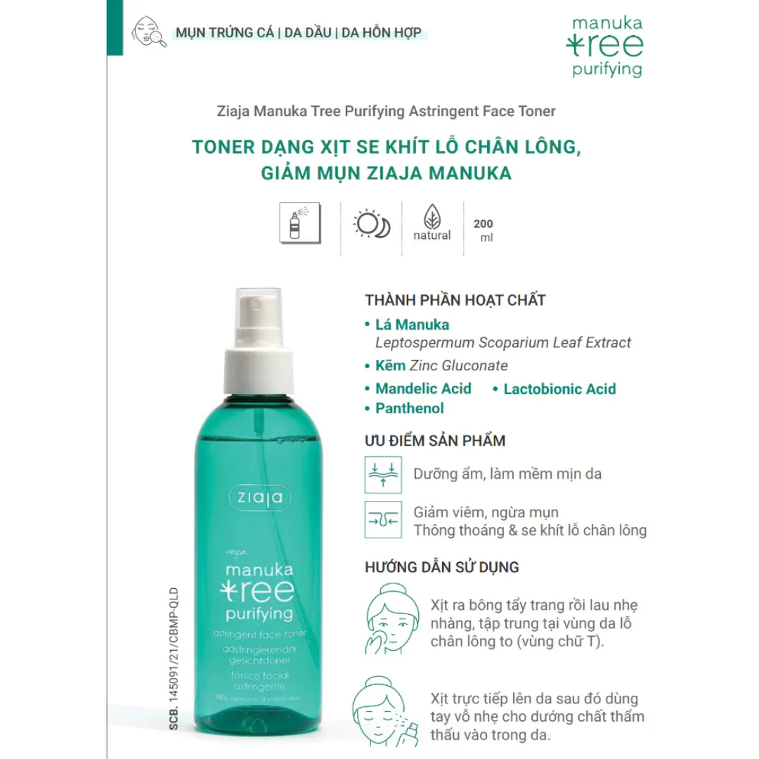 Toner Xịt Khoáng Ziaja Manuka Tree Purifying Astringent Face Se Khít Lỗ Chân Lông Cho Da Dầu Mụn 200ml 4