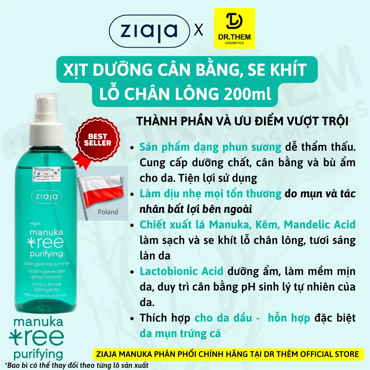Toner Xịt Khoáng Ziaja Manuka Tree Purifying Astringent Face Se Khít Lỗ Chân Lông Cho Da Dầu Mụn 200ml 5