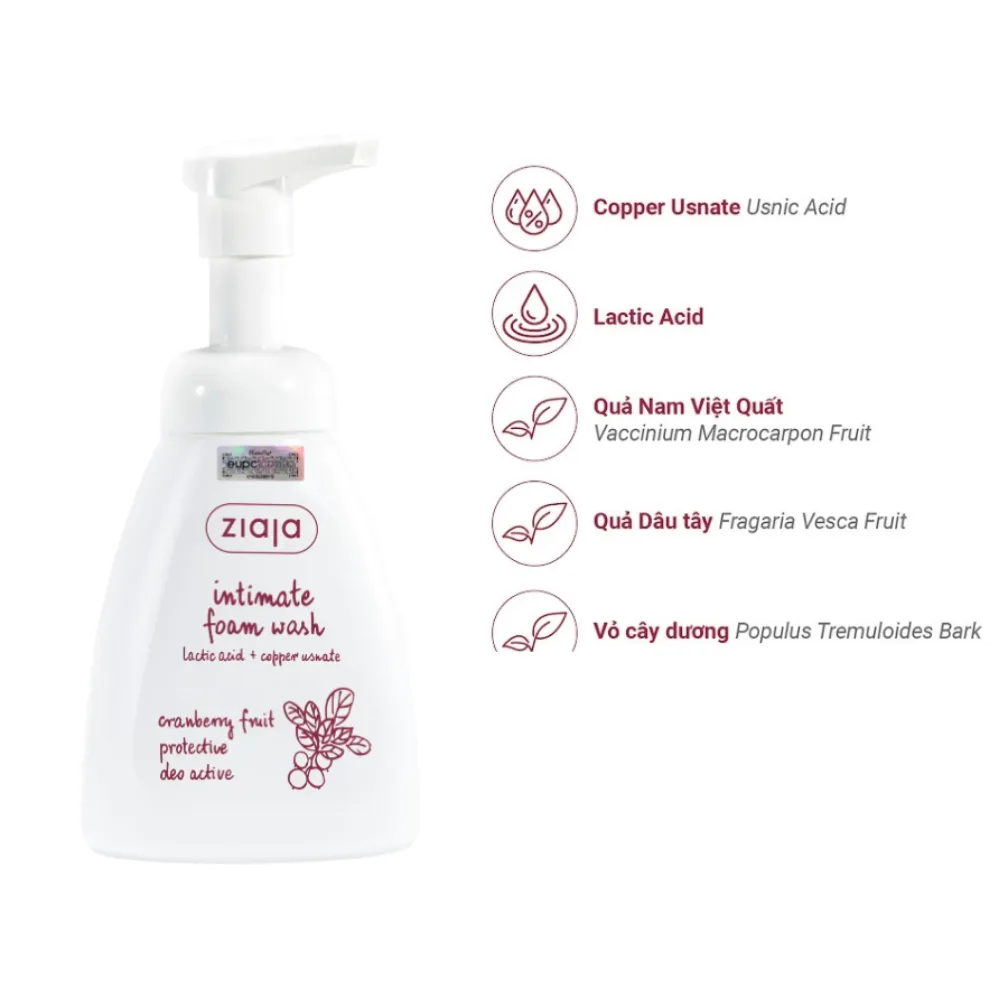 Bọt Vệ Sinh Thảo Dược Ziaja Intimate Foam Wash Cranberry Dịu Nhẹ Khử Mùi Cân Bằng pH Không Xà Phòng 250ml 5