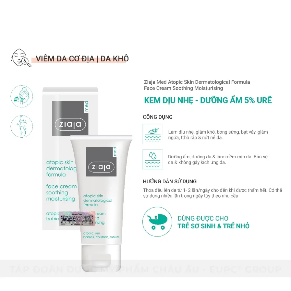 Kem Dưỡng Ziaja Med Atopic Skin Dermatological Formula Face Cream 5% Urê Dịu Nhẹ Dưỡng Ẩm Cho Da Khô 50ml 5